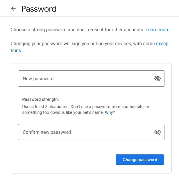 Change Gmail Account Password after reset